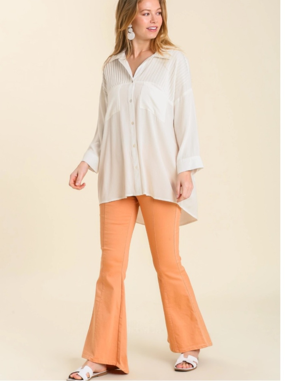 Umgee White Boho Pleated Button Front Tunic Blouse NWT | Boho Oversized
